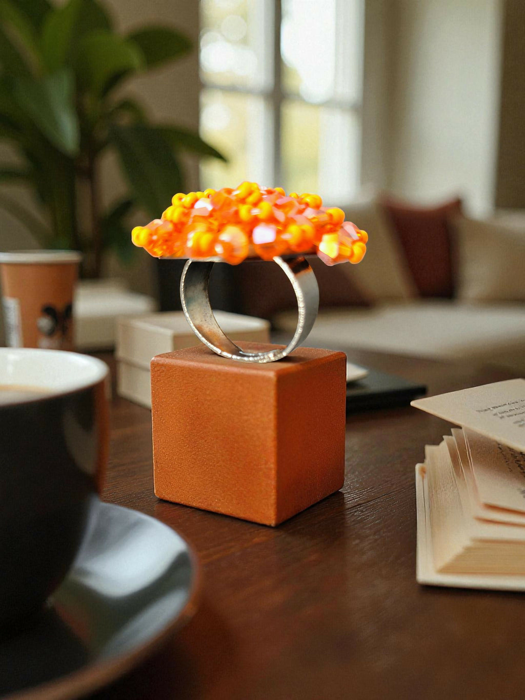 Inhanns Rang-E-Roshan Adjustable Ring – Handmade Crystal Statement Ring - Orange