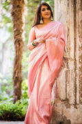 DEIANA'S Beautiful Designer Golden zari Soft Lichi Silk Saree - Light Pink
