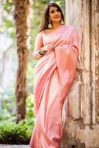 DEIANA'S Beautiful Designer Golden zari Soft Lichi Silk Saree - Light Pink