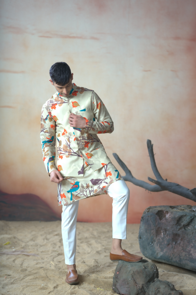 Serenity Bird Themed Print Cotton Nehrujacket Set by Hilo Design