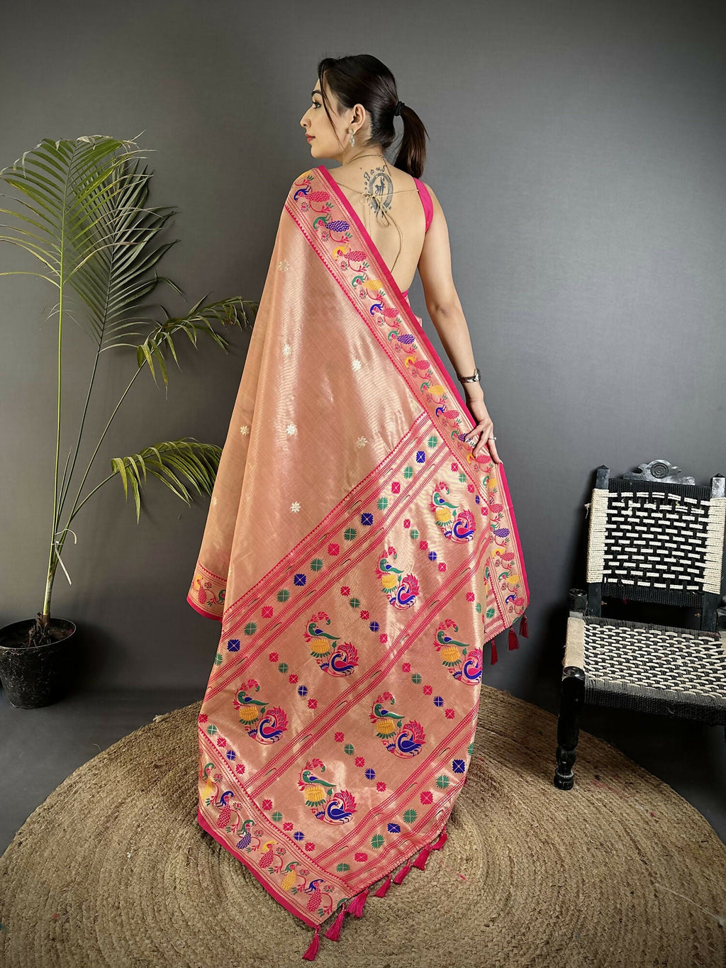 Joban Fashion Dark Peach Zari Weaving Tissue Paithani Saree