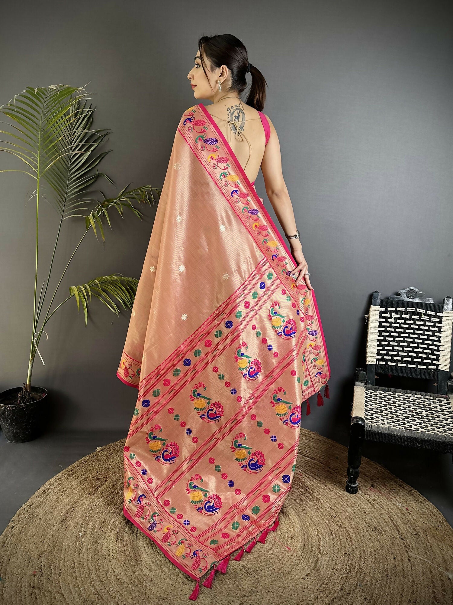Joban Fashion Dark Peach Zari Weaving Tissue Paithani Saree