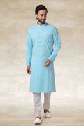 Raivat Ethnic Cotton Printed Work Kurta Pajama In Sky Blue Colour