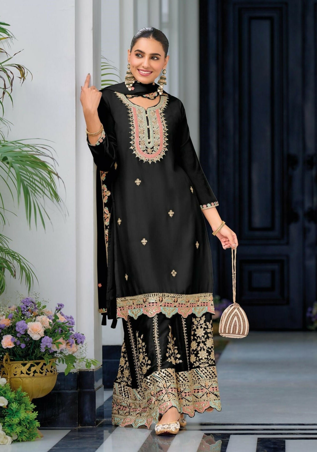 Anaita Black Premium Embroidered Chinon Readymade Salwar Suit (Free Size) - Distacart