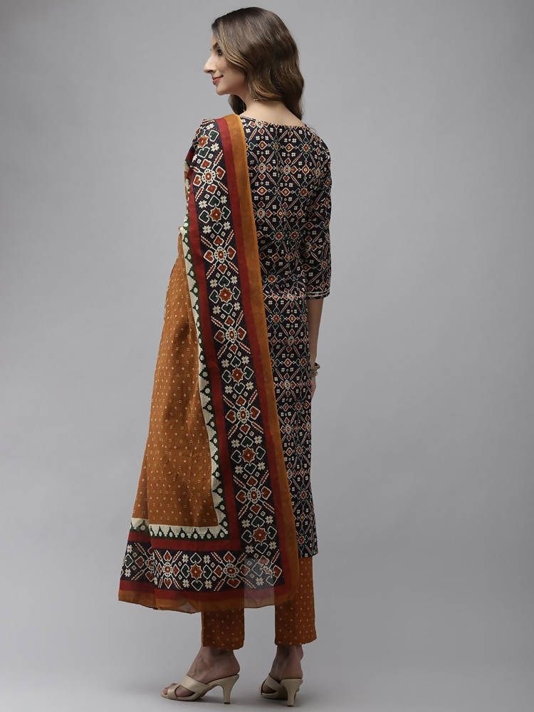 Yufta Women Navy Blue Ethnic Motifs Regular Thread Work Pure Cotton Kurta with Trouser With Dupatta