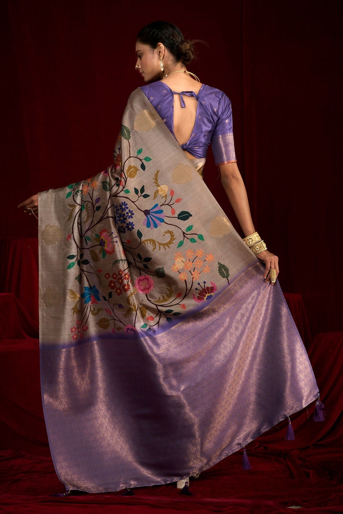 Joban Fashion Powder Blue Soft Silk Weaving Fabric With Digital Jamdani Print With Jacquard Rich Pallu & Blouse With Spring Tassels - Distacart