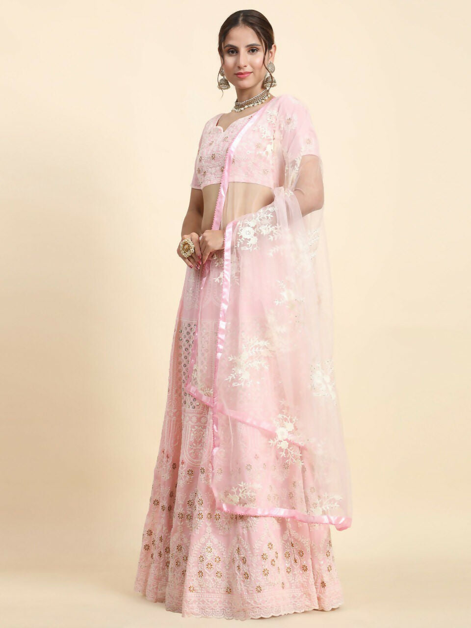 Jyoti Fashion Stunning Baby Pink Faux Georgette 3MM Sequins with Thread & Jari Embroidery Lehenga Choli with Dupatta