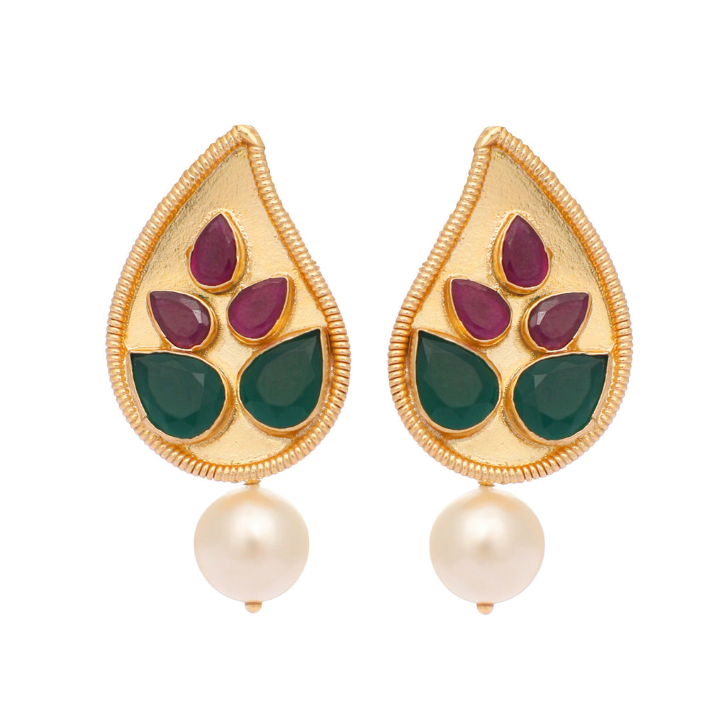 Nuyug 22K Gold Plated Emarald Stone Studded Contemporary Petal Shaped Pearl Drop Stud Earrings - Distacart