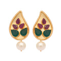 Nuyug 22K Gold Plated Emarald Stone Studded Contemporary Petal Shaped Pearl Drop Stud Earrings - Distacart