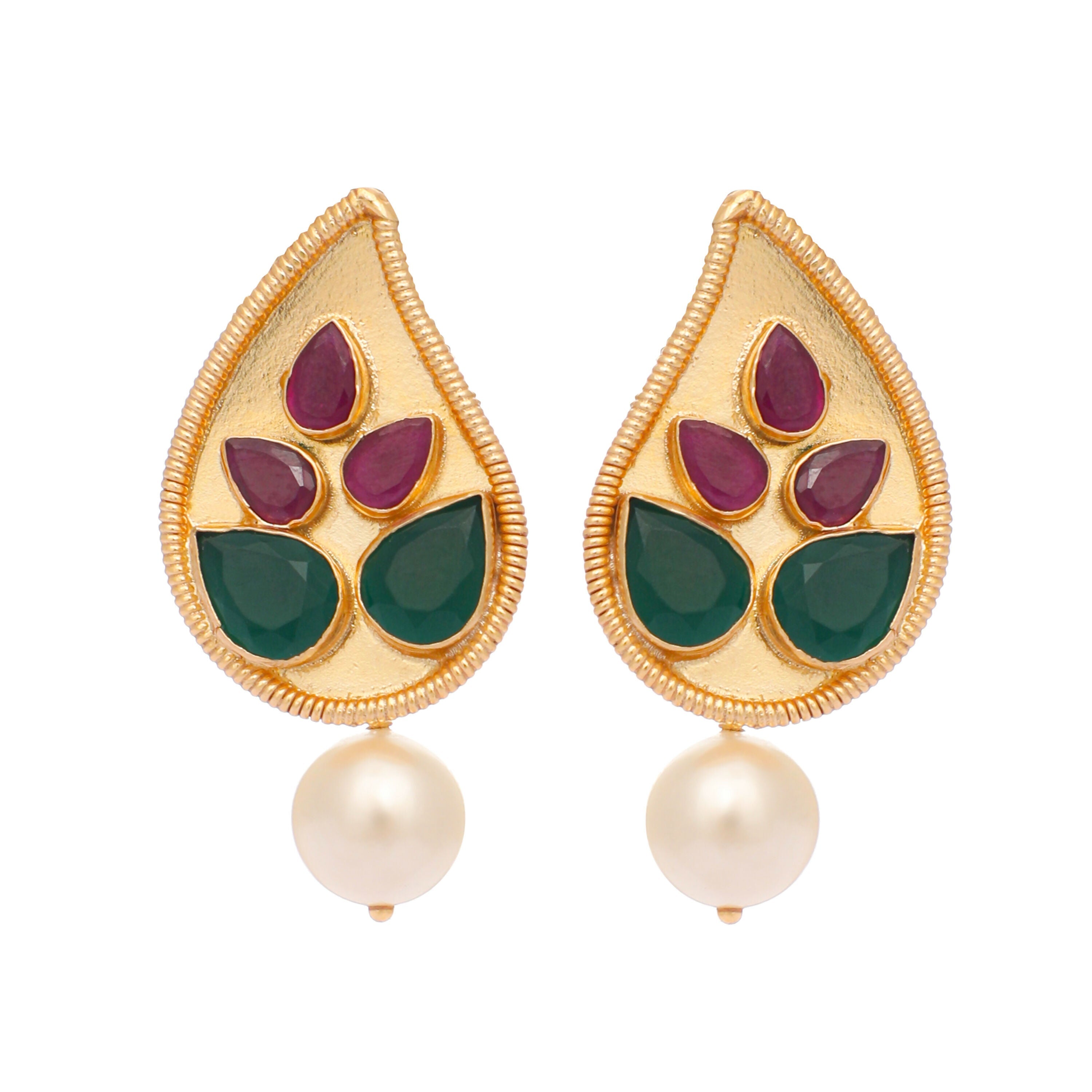 Nuyug 22K Gold Plated Emarald Stone Studded Contemporary Petal Shaped Pearl Drop Stud Earrings - Distacart