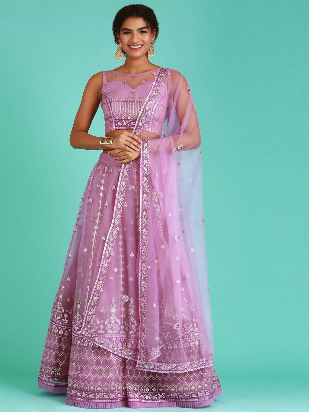 House of Panchhi Rose Gold Net Sequinse Work Lehenga & Blouse, Dupatta