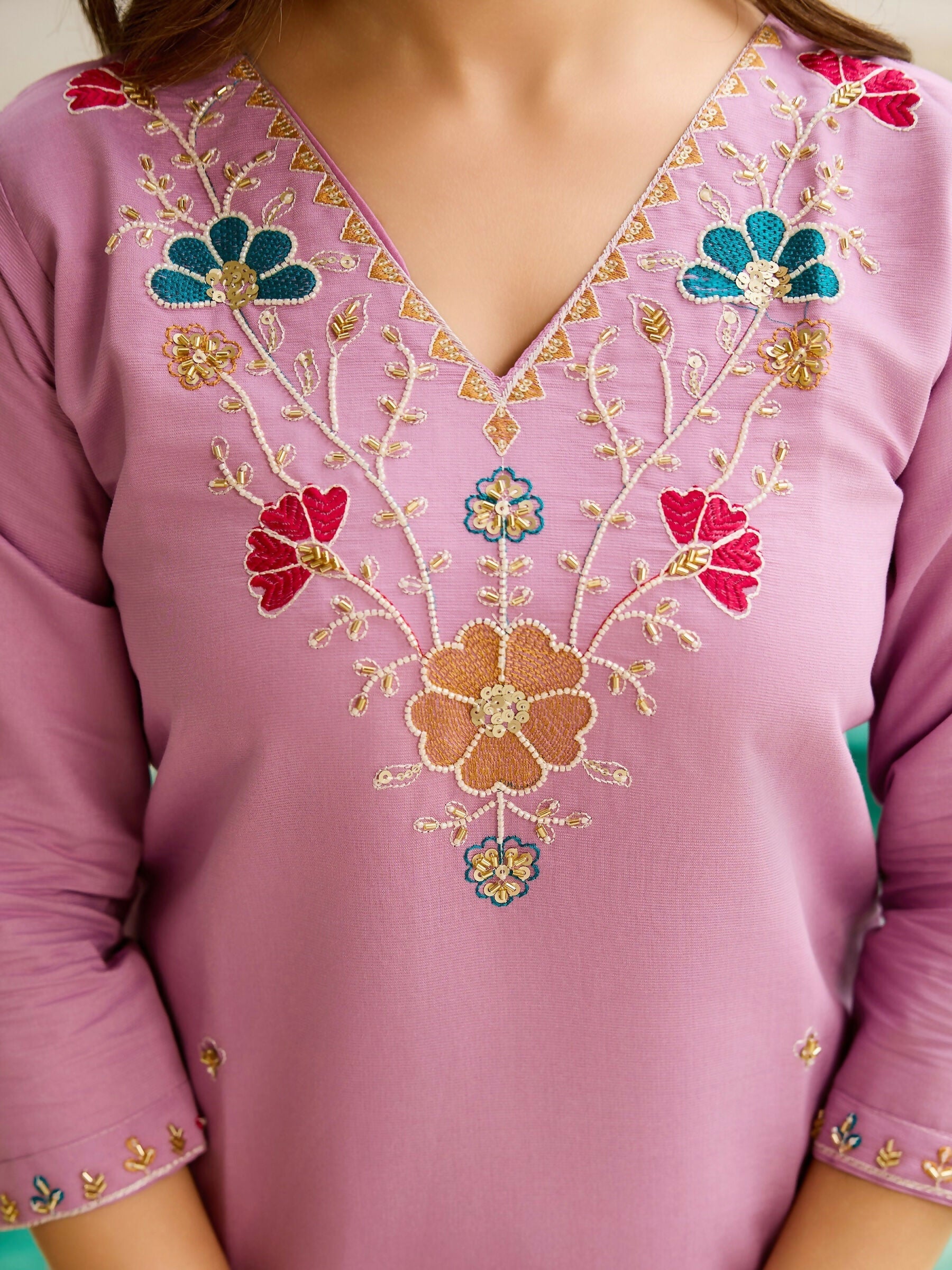 The52 Lavender Women's Gorgeous Embroidered work Viscose Gadhwal Fabric Straight Kurta, Pant and Dupatta Set - Distacart