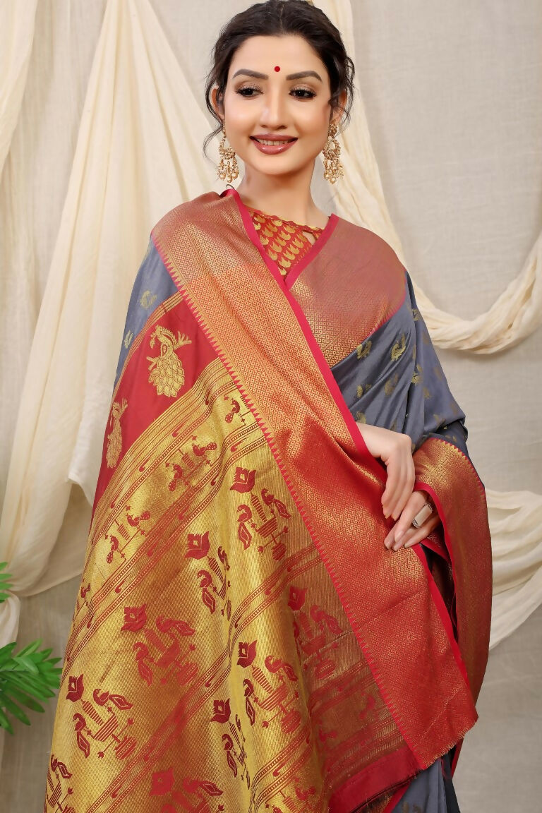 Jyoti Fashion Women's Grey Banarasi Silk Zari Woven Saree with Blouse