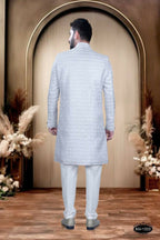 Joban Fashion Men's Grey & White Cotton Silk Kurta with Pyjama