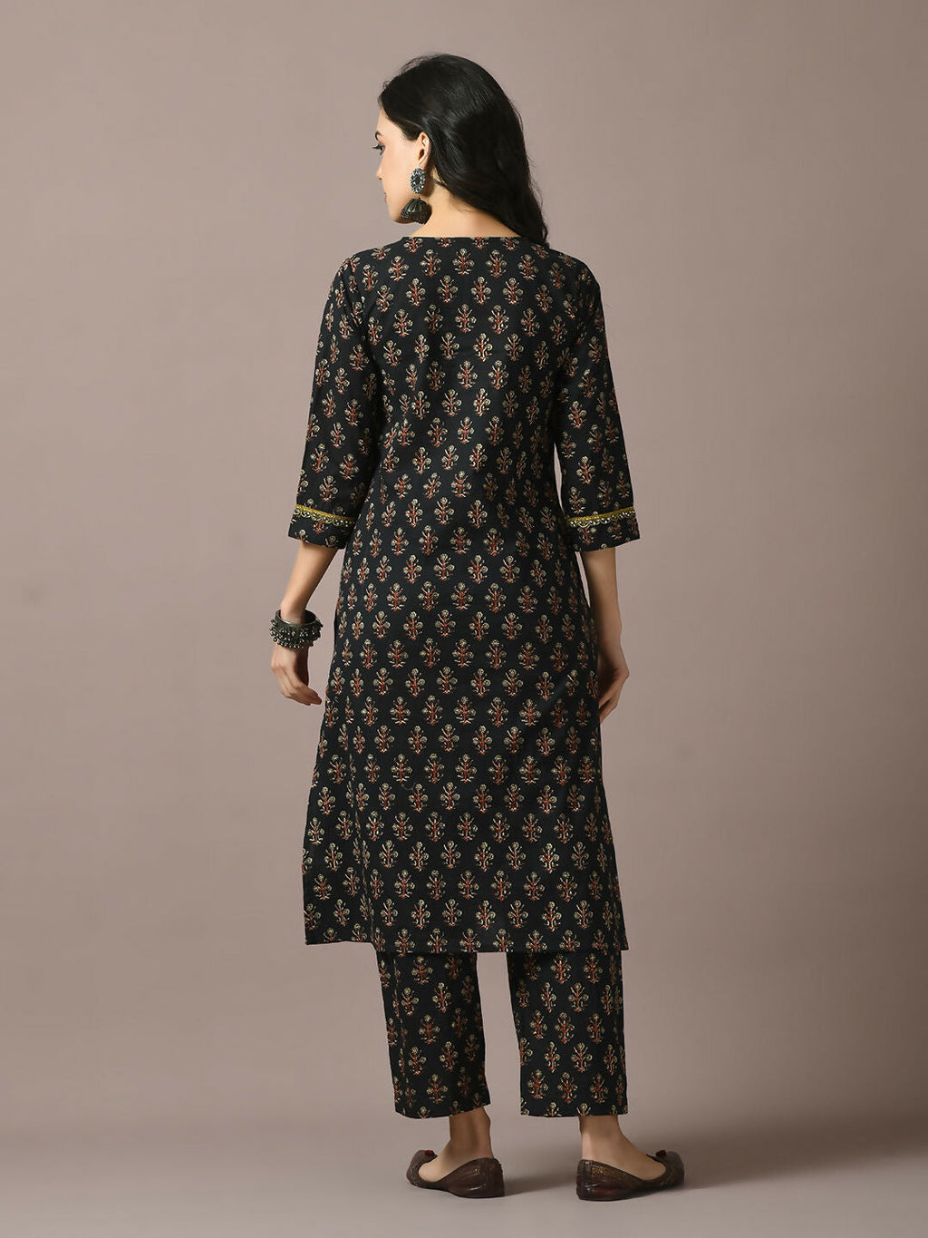 Myshka Women's Black Printed Cotton Straight Party Kurta Set