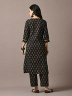 Myshka Women's Black Printed Cotton Straight Party Kurta Set