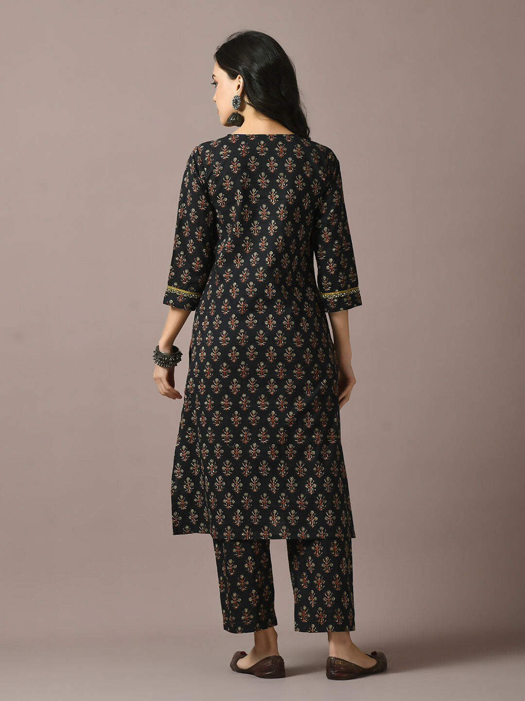 Myshka Women's Black Printed Cotton Straight Party Kurta Set