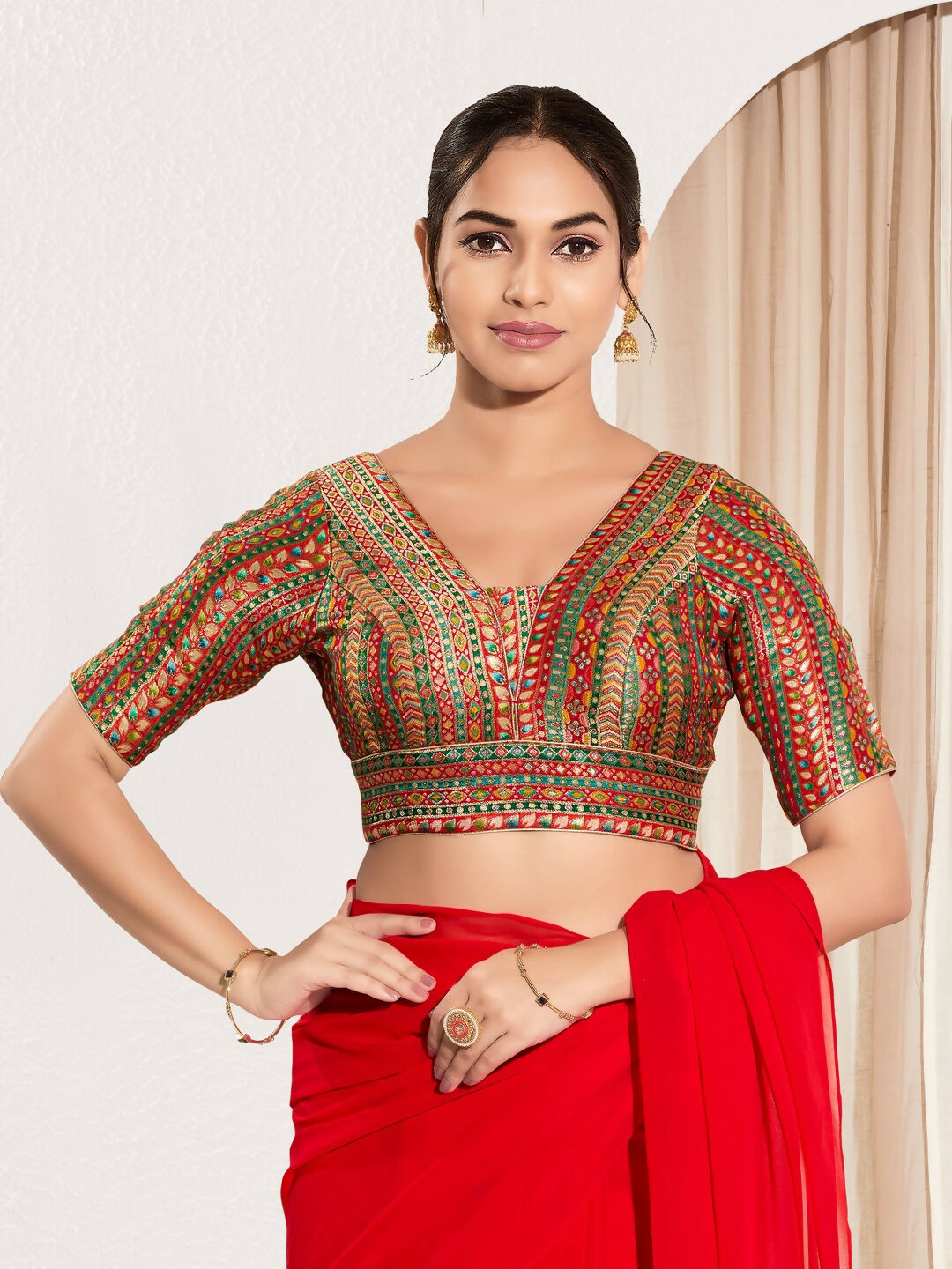 Joban Fashion Red Multi Brocade Padded Blouse With V Neck Elbow Sleeves - Distacart
