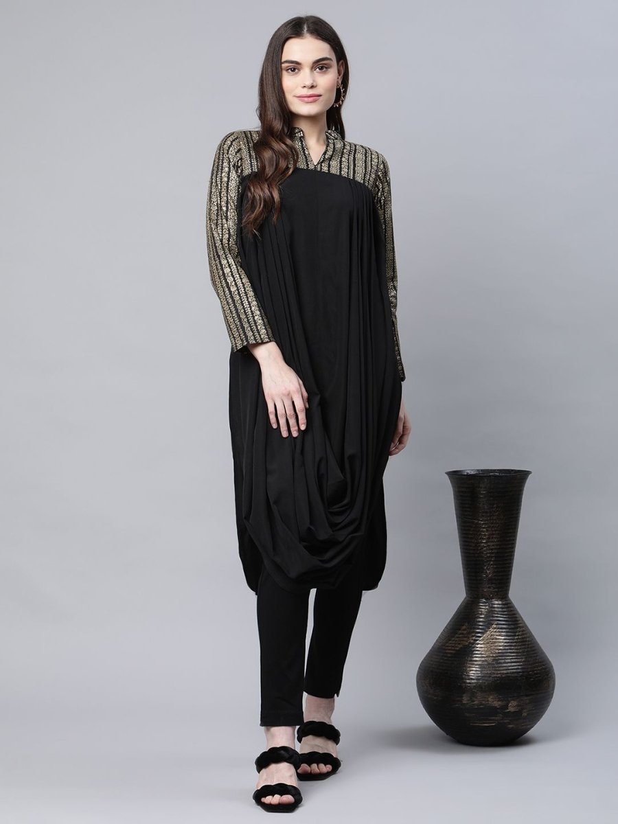 Ahalyaa Womens Black Crepe Rubber Print Cowl Style Kurta - Distacart