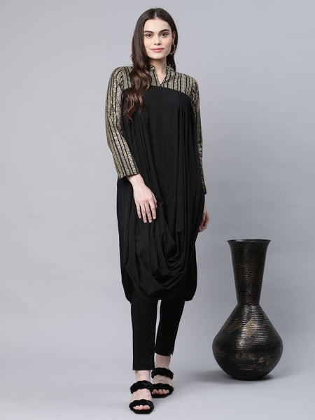 Ahalyaa Womens Black Crepe Rubber Print Cowl Style Kurta