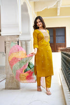 The52 Women's Beautiful Viscose Chanderi Fabric Embroidery Work Straight Kurta Pant and Dupatta Set - Distacart