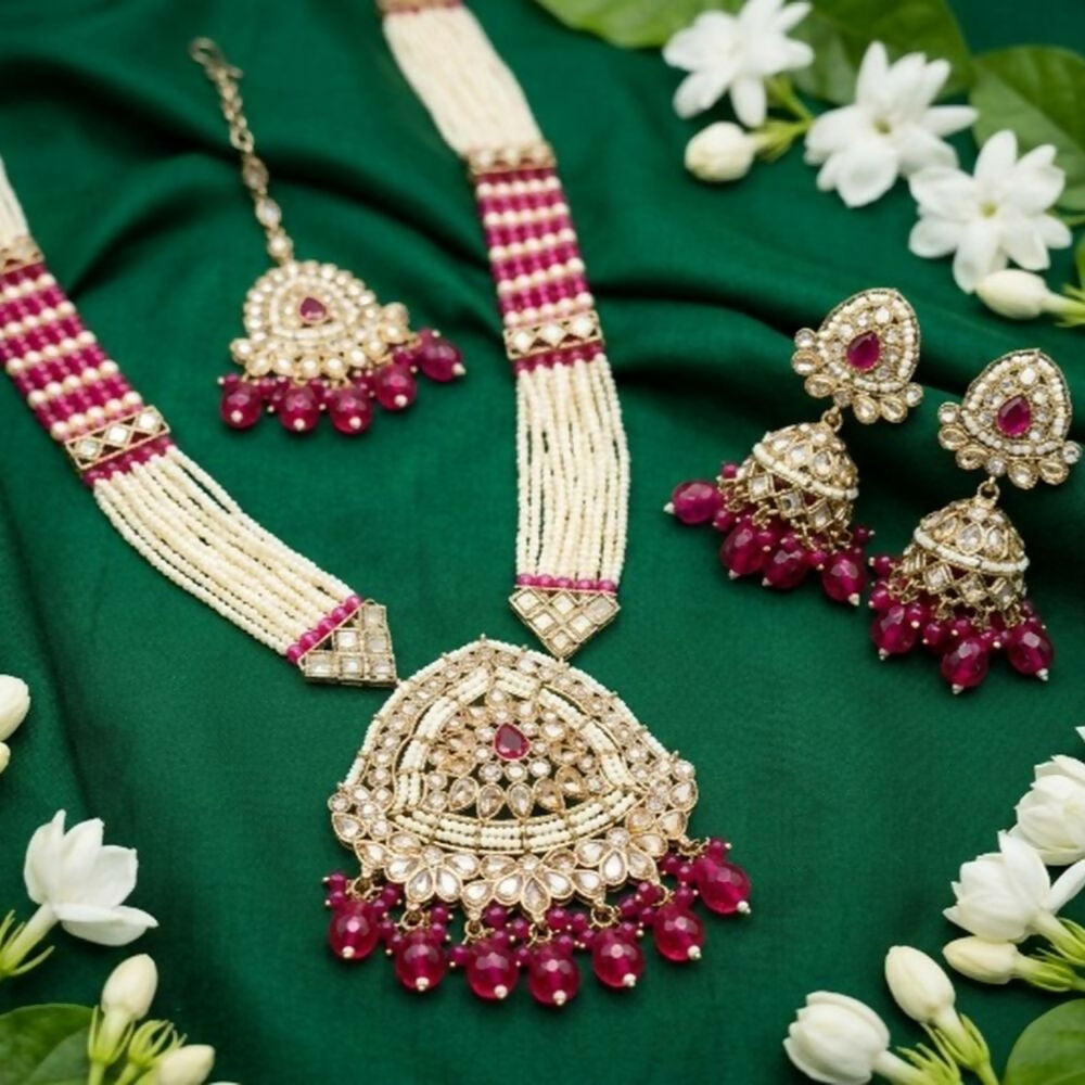 Jewel City Long Pearl Mala Golden Rainbow Diamond Studded Jumkee Tikka Necklace Set - Distacart