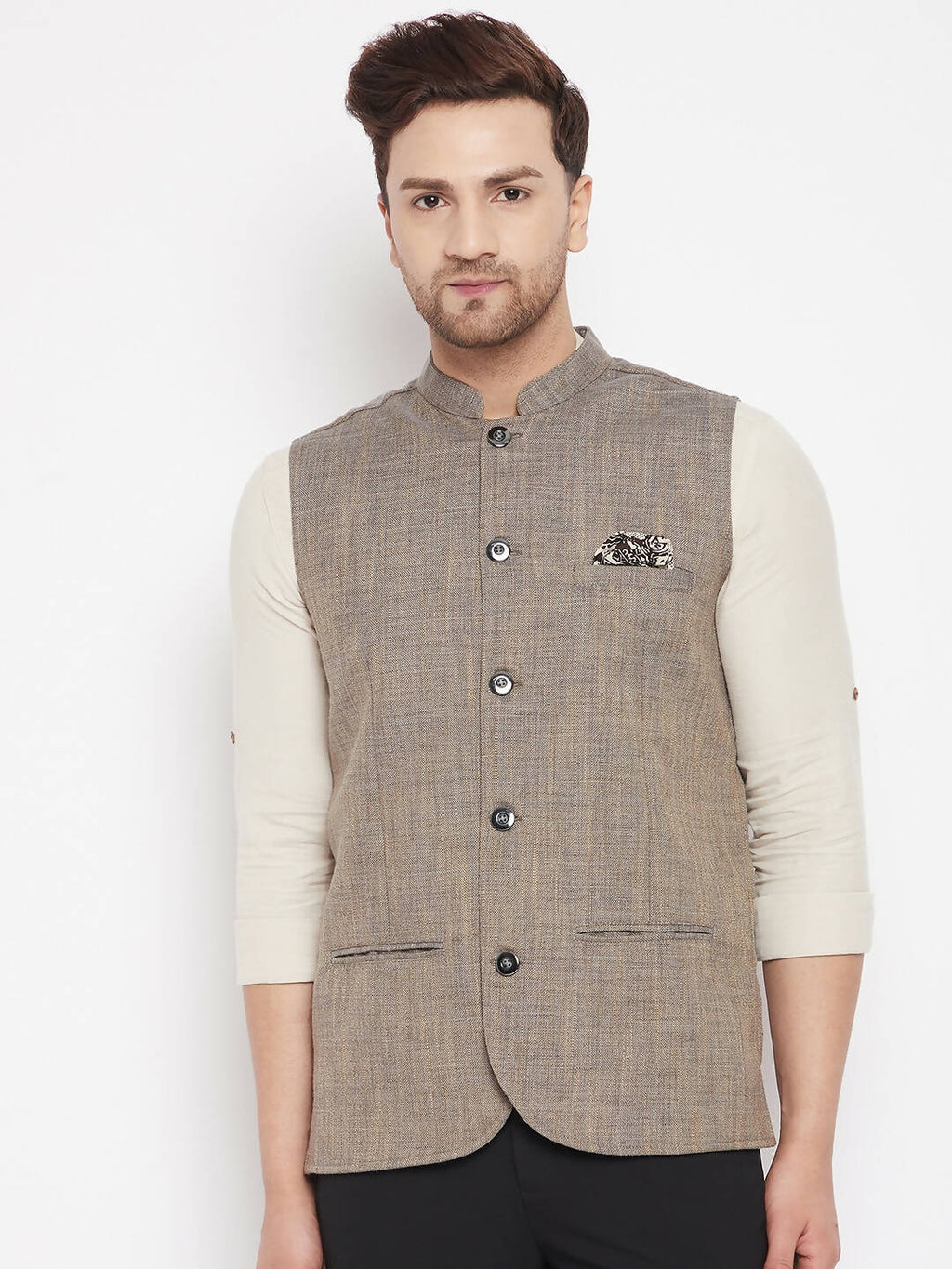 Even Apparels Brown Linen Men Woven Nehru Jacket - Distacart
