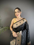 Joban Fashion Black Peacock & Floral Motifs Soft Lichi Silk Kanchipuram Saree - Distacart