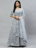 Sky Blue Georgette Paper Mirror Embroidery Work Lehenga Choli with Dupatta - Jivika