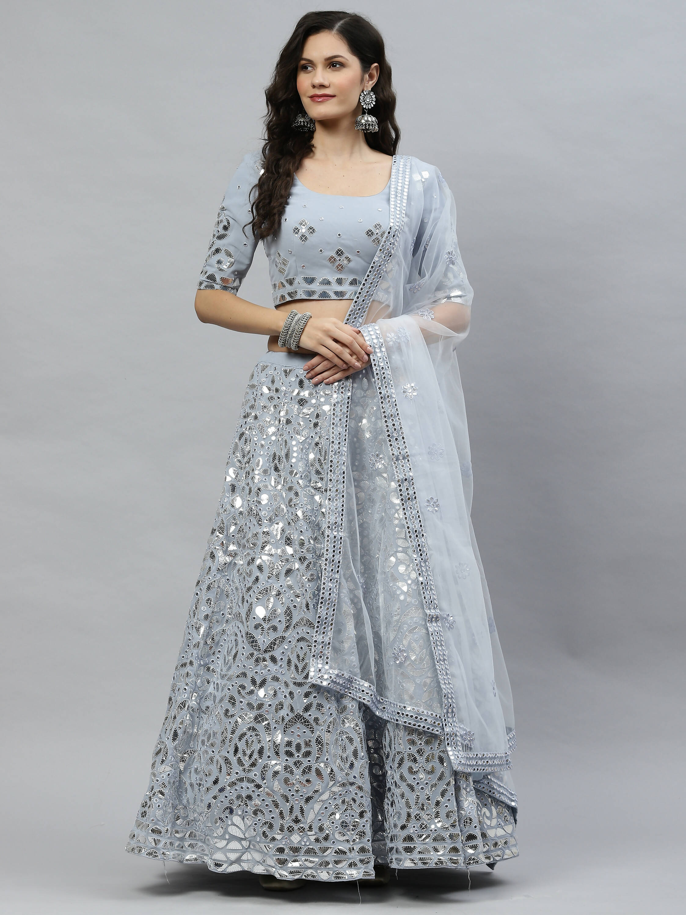 Sky Blue Georgette Paper Mirror Embroidery Work Lehenga Choli with Dupatta - Jivika
