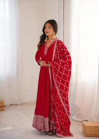 Lehenga Mart Designer Anarkali Suit With Kurta, Dupatta For Women-Red - Distacart