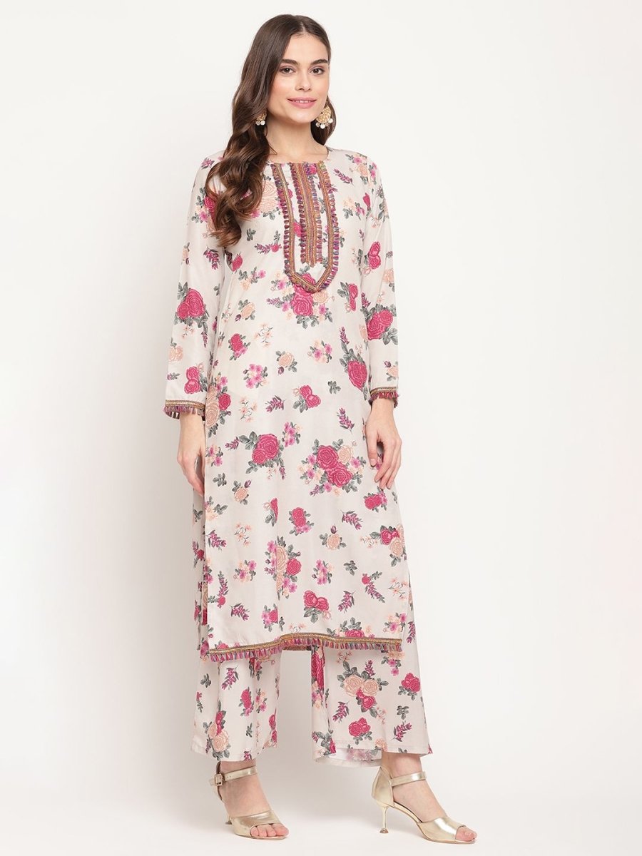 Ahalyaa Women Beige Floral Printed Regular Gotta Patti Kurta with Palazzos & With Dupatta