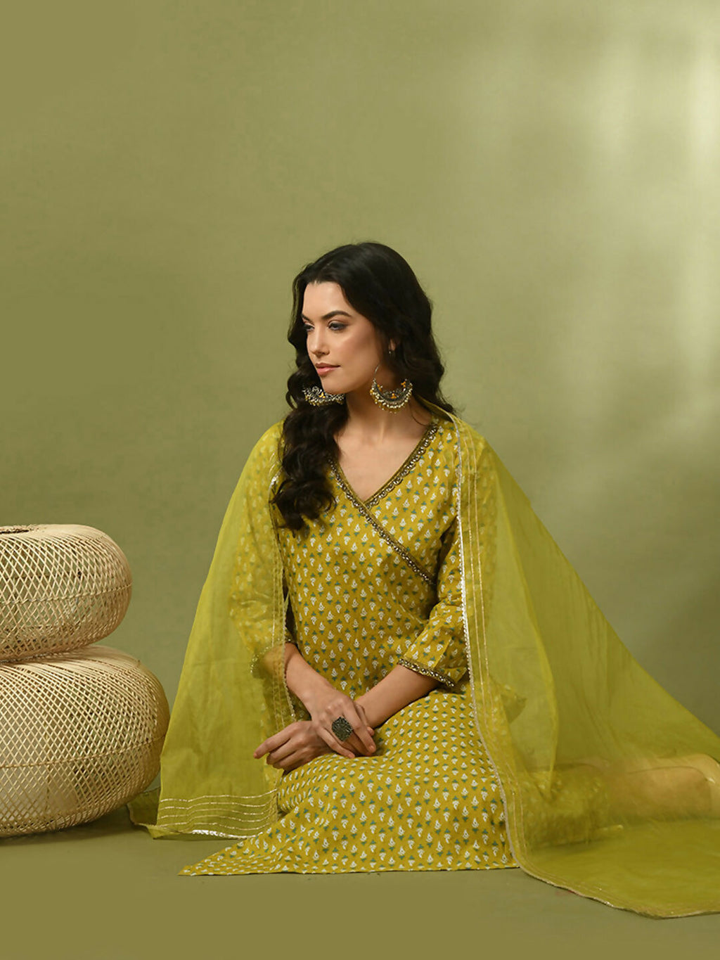Myshka Women's Yellow Printed Cotton Straight Party Kurta Set With Dupatta