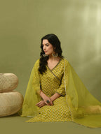 Myshka Women's Yellow Printed Cotton Straight Party Kurta Set With Dupatta