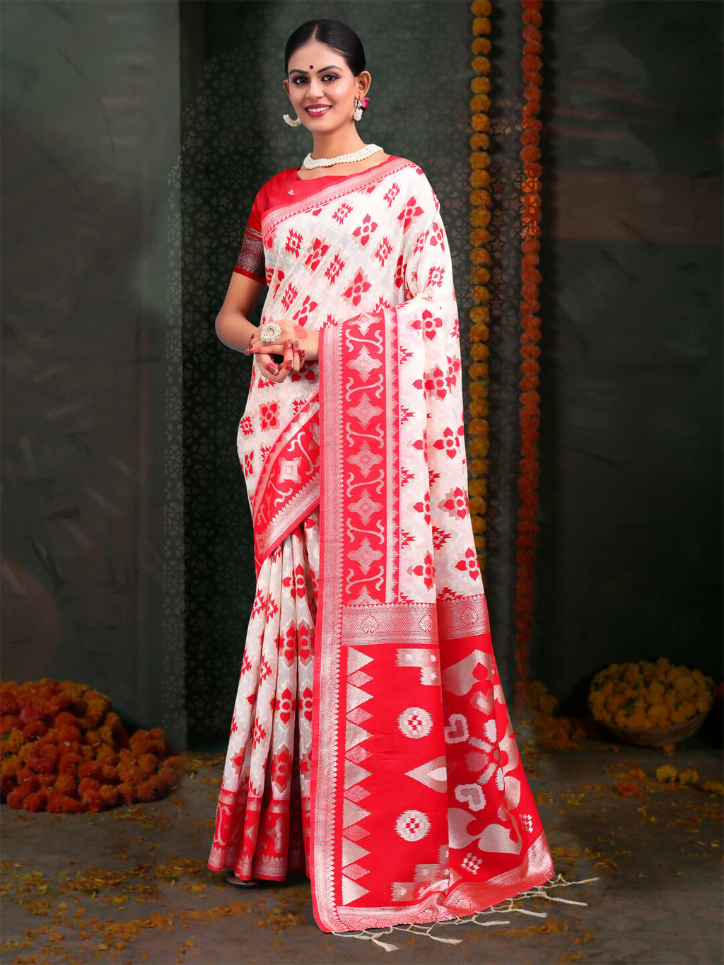 Shree Shyam Fashion Devistuti Red White Linen Cotton Saree