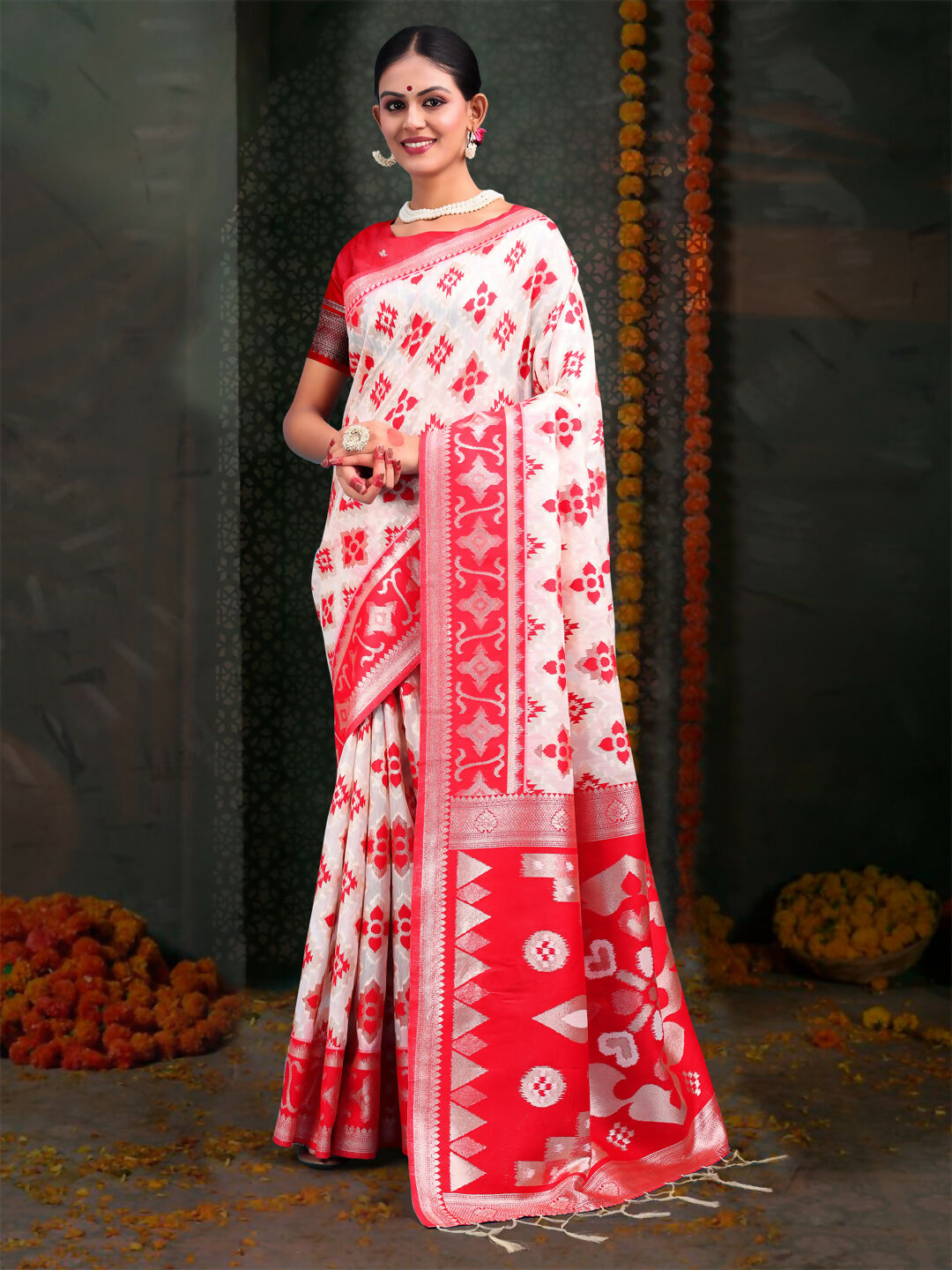 Shree Shyam Fashion Devistuti Red White Linen Cotton Saree