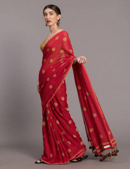 Suta Red Beige Polka Printed Pure Cotton Saree