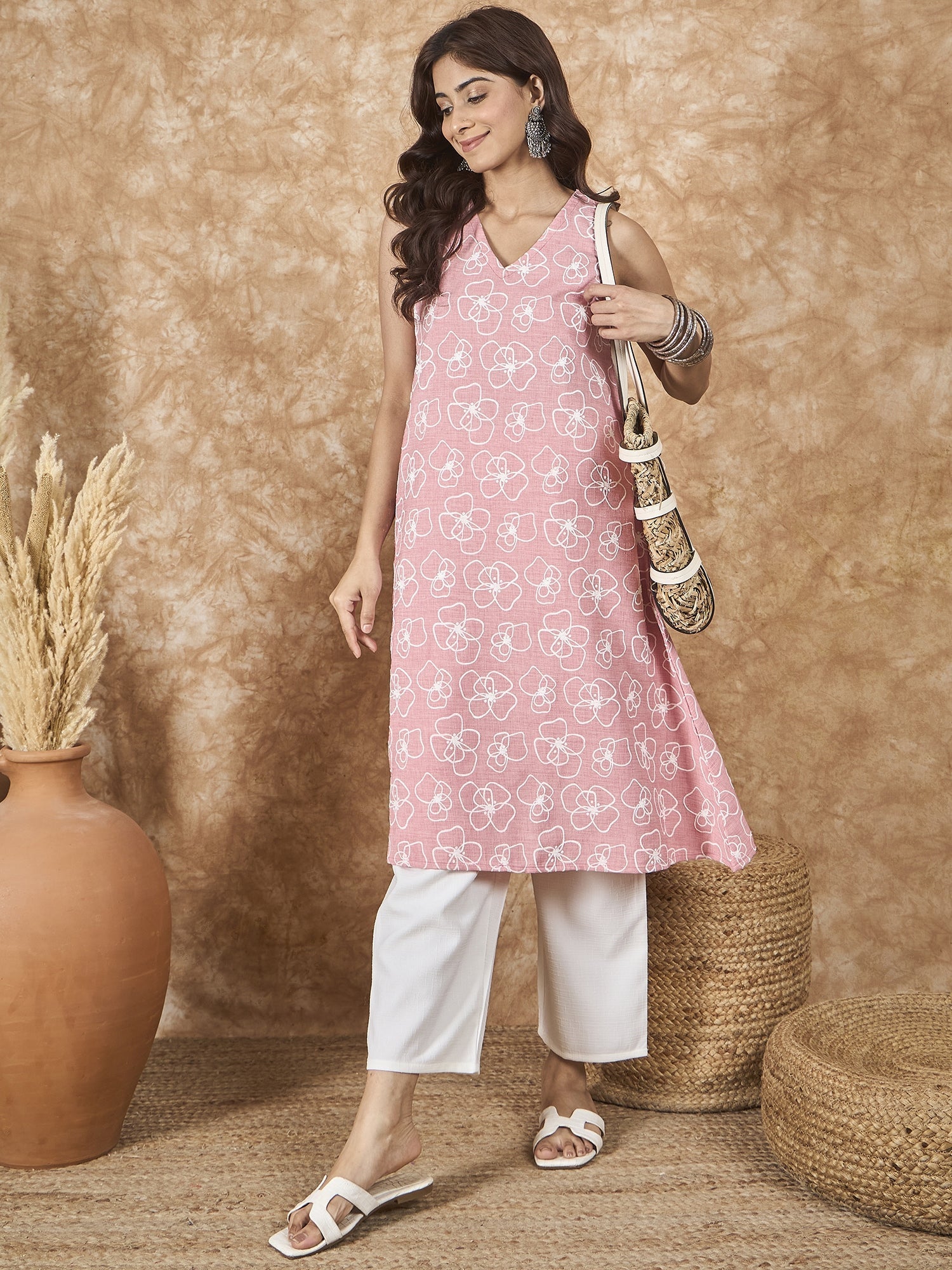 InWeave Pastel Peach V Neck Aline Kurta Set