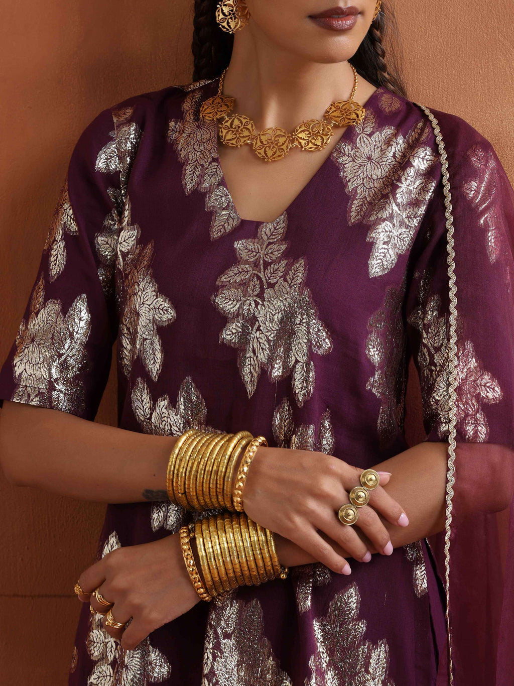 trueBrowns Purple Metallic Sharara Dupatta Set - Distacart