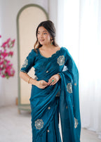 Evanik Designer Heavy Fendy Satin With Beads Embroidered Work Saree With Unstitched Blouse - Distacart
