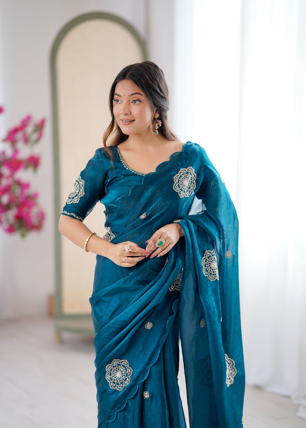 Evanik Designer Heavy Fendy Satin With Beads Embroidered Work Saree With Unstitched Blouse - Distacart