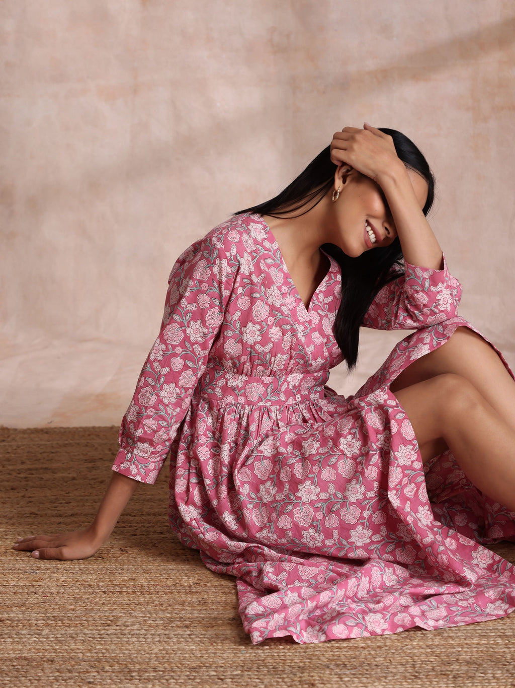 trueBrowns Pink Overall Floral Block Print Cotton Wrap Dress - Distacart
