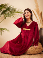 InWeave Women's Barn Red V Neck Asymmetrical Pleated Velvet Kurta Set
