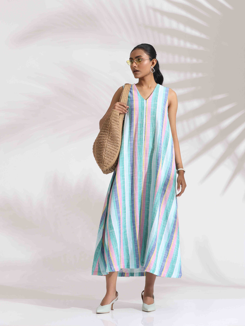 trueBrowns Green Cotton Multi Stripe Flared Dress - Distacart