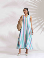 trueBrowns Green Cotton Multi Stripe Flared Dress - Distacart