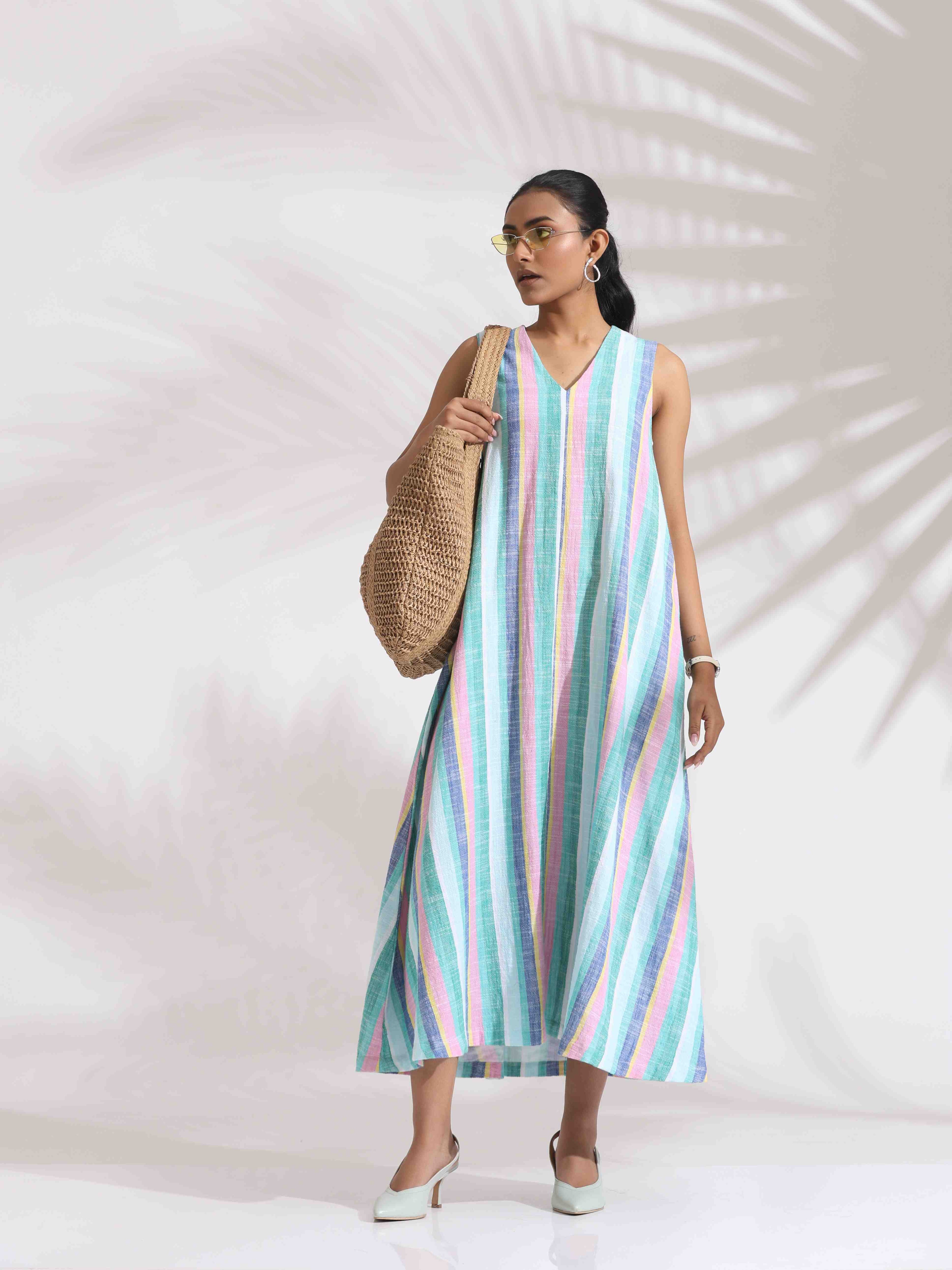 trueBrowns Green Cotton Multi Stripe Flared Dress - Distacart