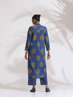 trueBrowns Blue Cotton Print Pleated Kurta Set - Distacart