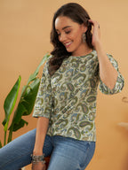InWeave Women's Sage Green Paisley Print Top