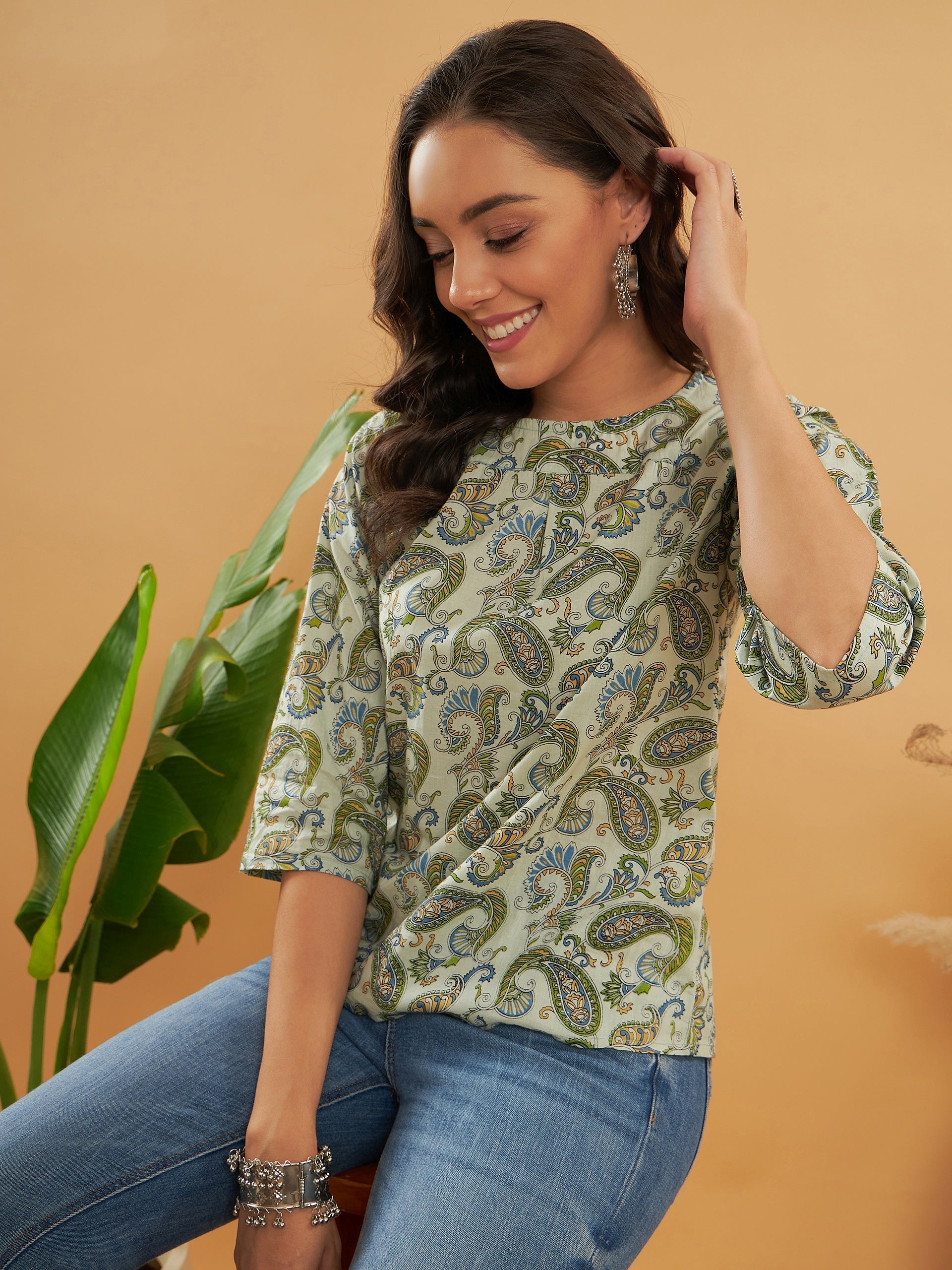 InWeave Women's Sage Green Paisley Print Top