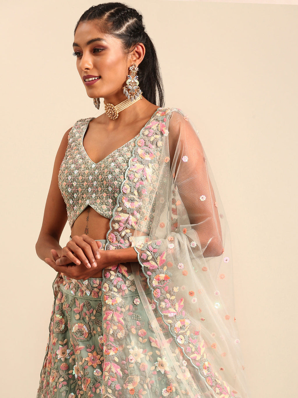 House of Panchhi Sea green Net Multi Sequins with heavy Zarkan embroidery Lehenga choli & Dupatta